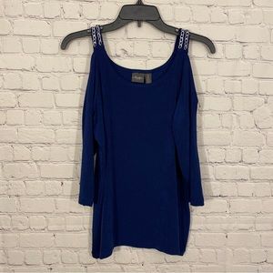 Travelers By Chicos Womens Shirt sz 2 Petite LP Blue Cold Shoulder Chain NWT